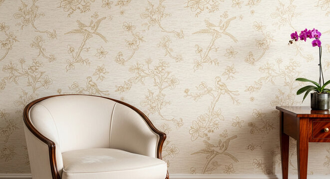 An armchair and side table with an orchid against a floral and bird patterned wallpaper, symbolizing elegant home decor and tranquil ambiance