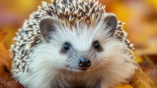 A contented hedgehog sits among fallen leaves in a vivid autumn setting.