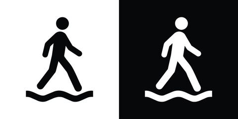Stick figure walking on water or wavy line icon vector. Minimalist b&w sign of person balancing on wave. © bibin