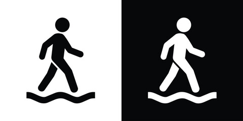 Stick figure walking on water or wavy line icon vector. Minimalist b&w sign of person balancing on wave. © bibin