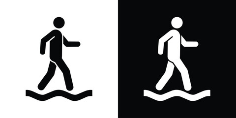 Stick figure walking on water or wavy line icon vector. Minimalist b&w sign of person balancing on wave. © bibin