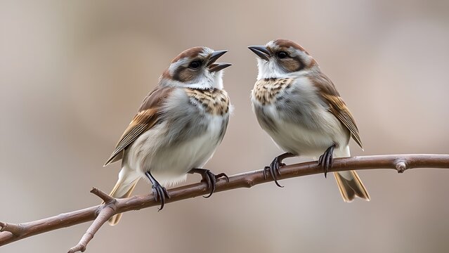 Two sparrows chirping on a bare tree branch in natural daylight.