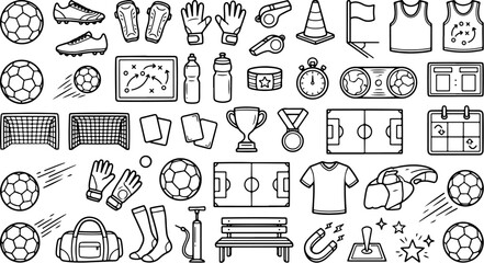 Hand Drawn Soccer and Football Doodle Icon Set with Sports Equipment, Referee Gear, Stadium Elements and Training Vector Collection © Hasal