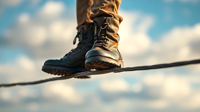 Worn leather boots on a high wire start against a blurred sky, symbolizing determination.