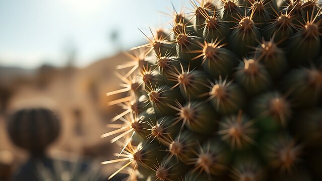 Close-up of a cactus in desert sunlight, detailed texture and shallow focus.