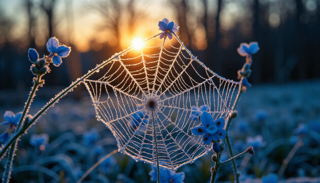 Makroaufnahme eines filigranen Spinnennetzes mit glitzernden Tautropfen vor der Kulisse eines farbenfrohen Sonnenuntergangs in Orange- und Blaut&ouml;nen &uuml;ber blauem Wasser und blauen Blumen