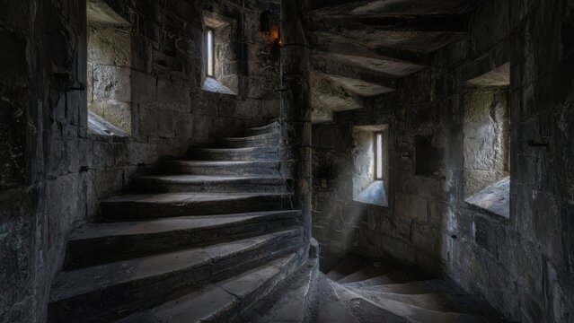 A view of the spiraling helical stone staircase inside a historic medieval castle tower with natural light rays streaming through narrow embrasure windows creating dramatic shadows on the masonry
