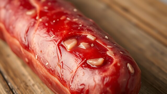 Close-up of a raw sausage with marbling and natural mold on a rustic wooden surface.