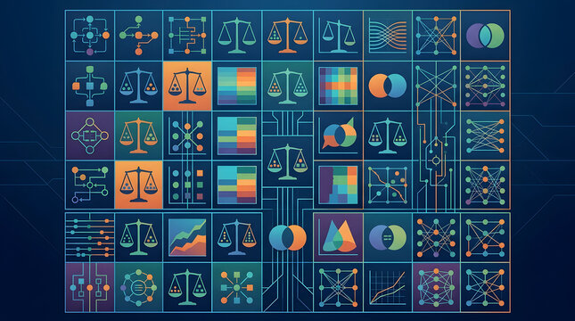 AI Ethics and Algorithmic Fairness Concept with Neural Network and Data Science Diagrams