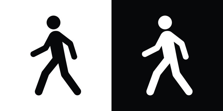Walking man vector icon set. Minimalist black and white pedestrian stick figure silhouette sign.