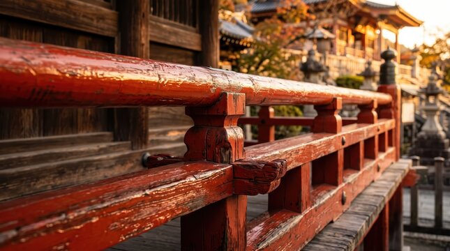 Close up of weathered red wooden railing of traditional temple or shrine with textured paint and architectural details, shallow depth highlighting craftsmanship and aged surface