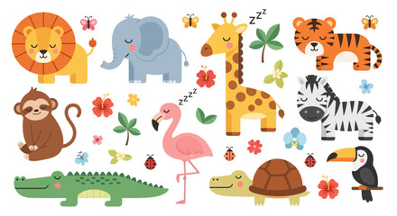 Fototapeta premium Cartoon jungle animals and tropical plants sticker collection.