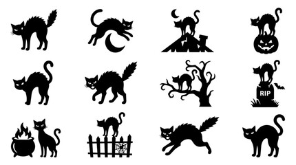 Naklejka premium Halloween black cat silhouettes set spooky feline icons