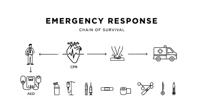 Emergency Response Infographic with Icons Showing Cpr, Aed, Medical Supplies, First Aid, and Ambulance Vehicle Transport
