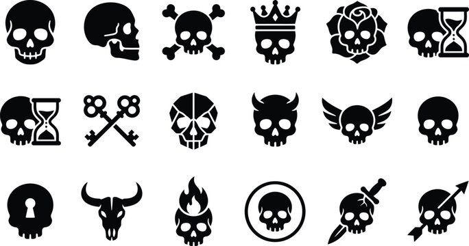 Black skull icons collection set