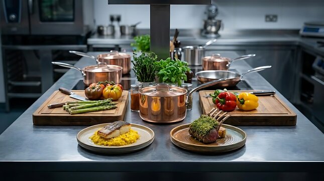 A vibrant chef showdown preparation in a professional kitchen with gourmet dishes of fish and herb crusted rack of lamb ready for the final judging event