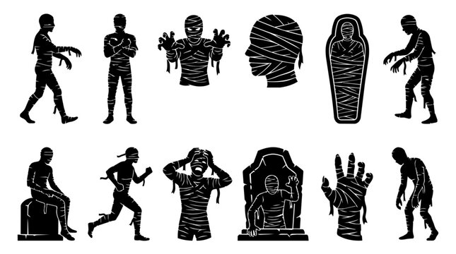 Mummy silhouettes set Halloween horror characters vector graphic