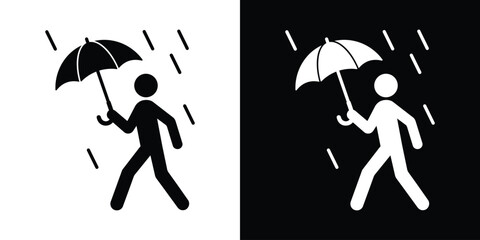 Person walking in the rain with an umbrella icon vector. Rainy weather stick figure symbol set in b&w. © bibin