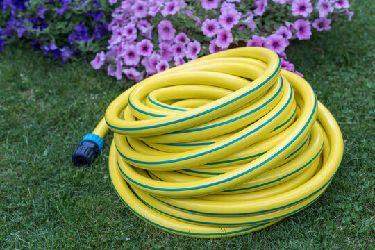 Yellow Garden Hose on Lawn with Soft Floral Background