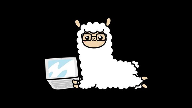 Cute llama with glasses playing on laptop 4k motion graphics