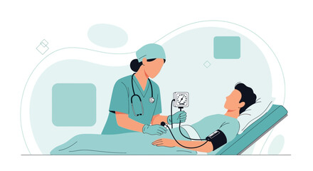 Obraz premium Nurse checks patient's blood pressure with sphygmomanometer in modern flat illustration style.