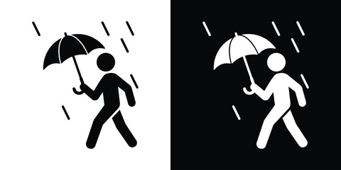 Person walking in the rain with an umbrella icon vector. Rainy weather stick figure symbol set in b&w. © bibin