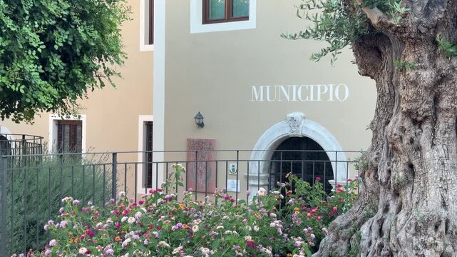 Historic municipal building and public square in the village of Trentinara, Cilento, Salerno province, Campania, southern Italy