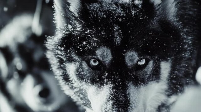 A close-up of a wolf's face showing intense focus with snowflakes blurred around it.