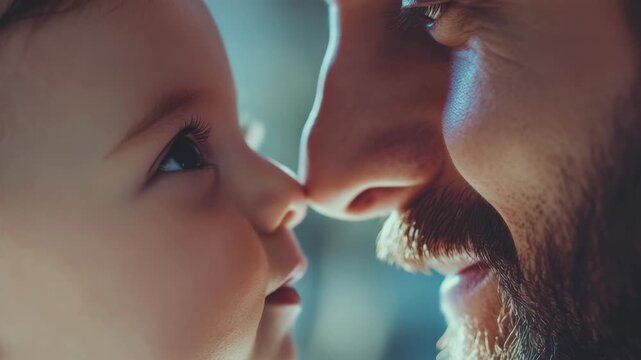 A tender moment between a bearded father and his baby. A close up capturing the love and connection shared by family. The perfect for depicting familial bonds or parenthood in media content.