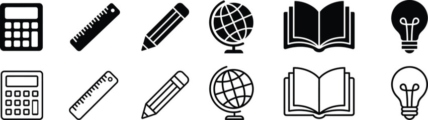 back to school education icon set with globe, books, pencils, rulers, calculators, and lightbulbs © Sumaya