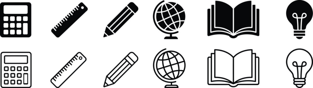 back to school education icon set with globe, books, pencils, rulers, calculators, and lightbulbs