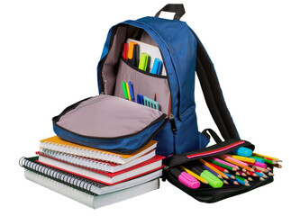 Isolated blue school backpack open with notebooks, colored pencils and highlighters for education. © Oisin
