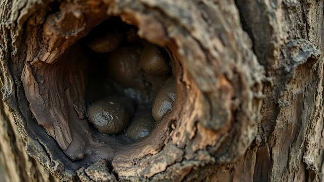 Close-up of a tree trunk with a rough hole filled with mud and resin.