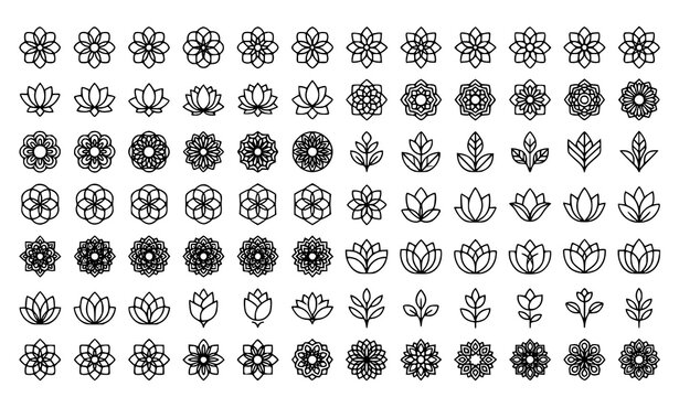 Floral Mandala and Geometric Flower Outline Icons Pack with Decorative Bloom Symbols