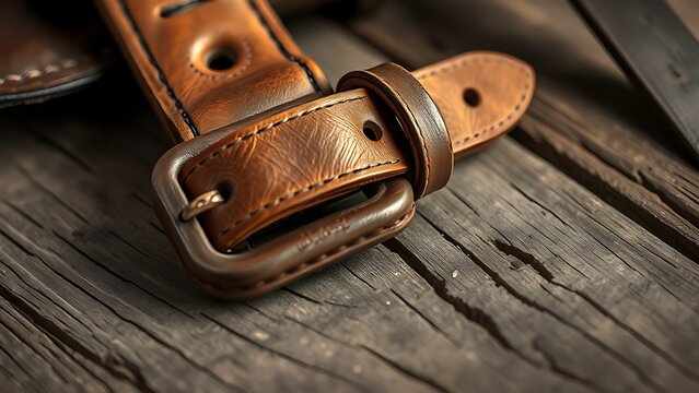 Close-up of worn leather saddle cinch with buckle, on weathered wood.