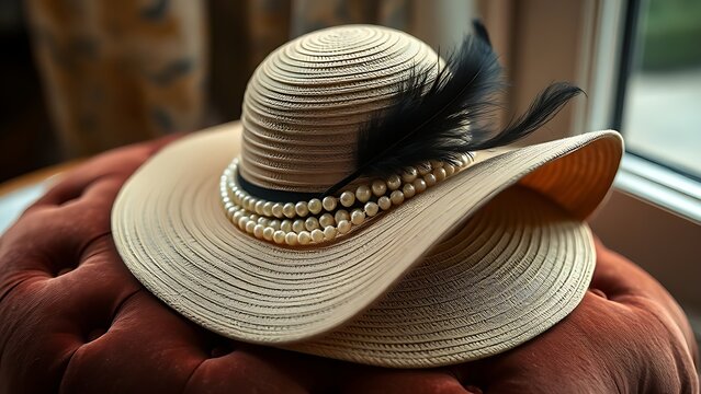 A vintage wide-brimmed hat with pearls and a feather on a velvet cushion.