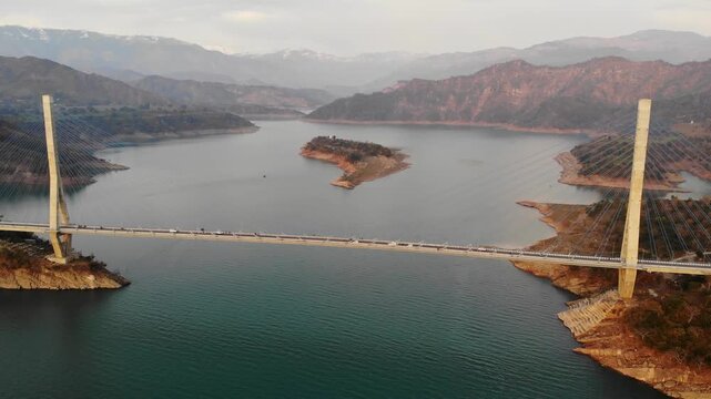 Wide aerial panoramic view of the Atal Setu cable-stayed bridge in Basohli India.