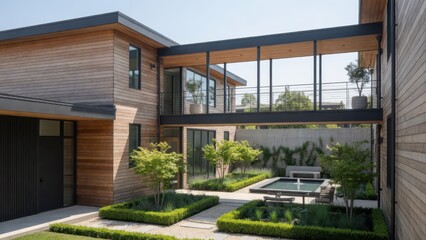 Fototapeta premium Luxury residential architecture showcasing a wooden house structure with a connecting bridge walkway over a lush courtyard garden containing a tranquil water fountain and neatly trimmed hedge gre