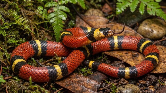 Red black and yellow banded coral snake coiled on mossy leaf litter in rainforest undergrowth, tongue flicking and camouflaged among wet forest floor