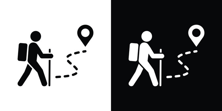 Hiking person with map pin destination icon vector set. Black and white backpacker tracking route sign.