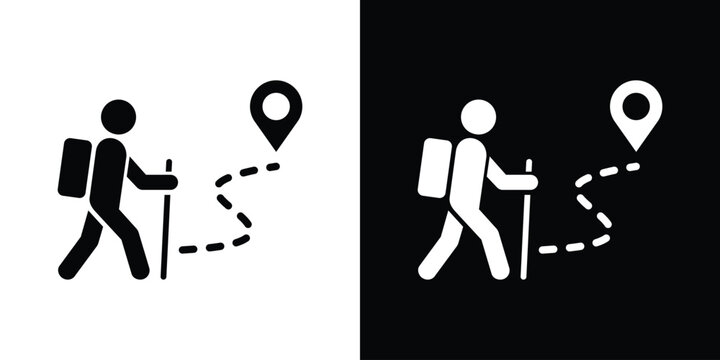 Hiking person with map pin destination icon vector set. Black and white backpacker tracking route sign.