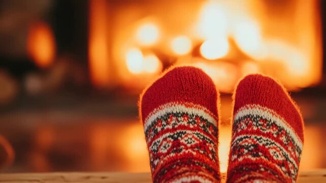 A person's feet warm near a roaring fire in wintertime. Festive red and white socks add to the warmth of the scene.