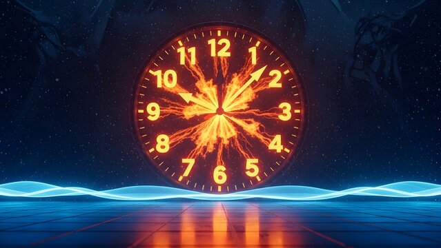 Glowing fiery orange clock face with abstract blue wave background and motion blur