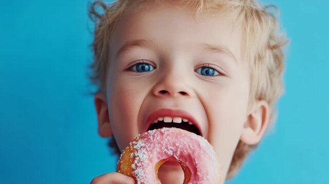 A young child smiling while holding a pink glazed donut.