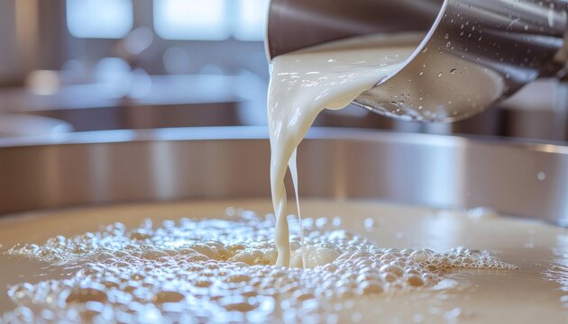 Close-up of fresh white milk pouring from a stainless steel pipe into a large industrial vat container, creating foam and bubbles during the processing production at a clean dairy facility.