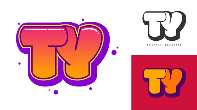 TY logo design for festival or party. Initial letter t and y in graffiti style. Creative modern lettering company name of font typography. Kids trendy logotype or identity.