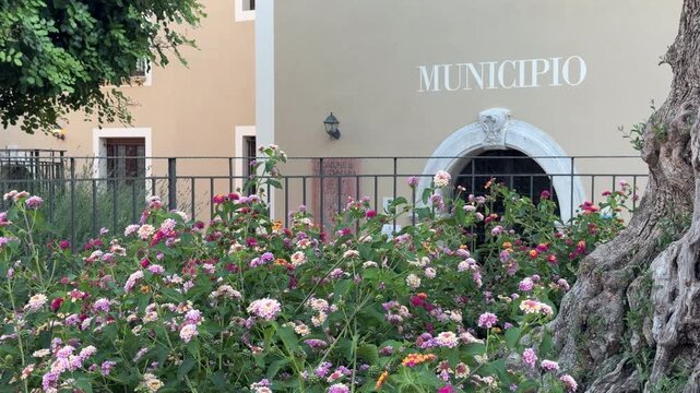 Historic municipal building and public square in the village of Trentinara, Cilento, Salerno province, Campania, southern Italy