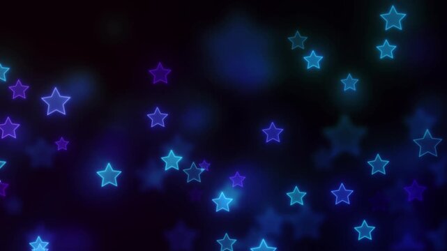Stars glow with a soft blue and purple light in a floating pattern against a dark void, creating a magical festive atmosphere suitable for holiday designs, party invitations, or whimsical backgrounds.