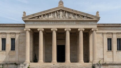 Fototapeta premium Historical neoclassical civic architecture in athens greece displays impressive stone pillars along with ornate sculptural reliefs on the pediment of this traditional educational building facing