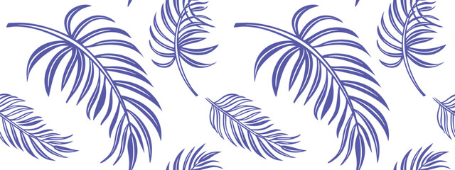 Seamless palm leaf pattern with tropical fern fronds in blue outline style. Botanical background features exotic foliage design. Perfect for fabric, wallpaper, and textile print projects. © Parul